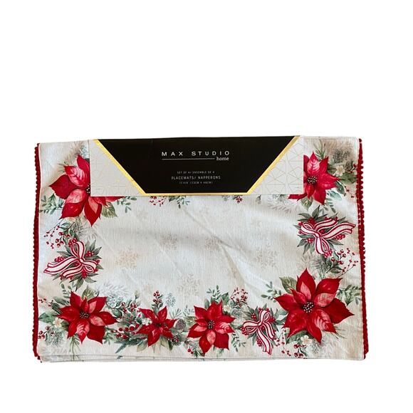 Max Studio Christmas Poinsettia & Bows Placemats 13x19 Set of 4 Holiday Red NEW - Picture 9 of 14